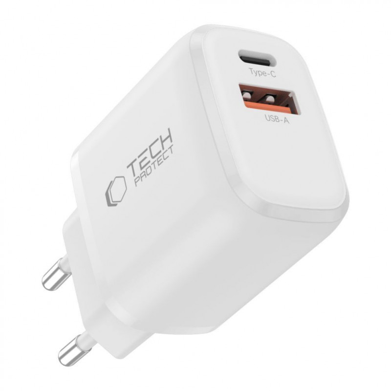 Cargador de pared Tech-Protect NCA20 USB-A / USB-C PD 20W / QC3.0 con cable USB-C / USB-C de 100 cm, blanco
