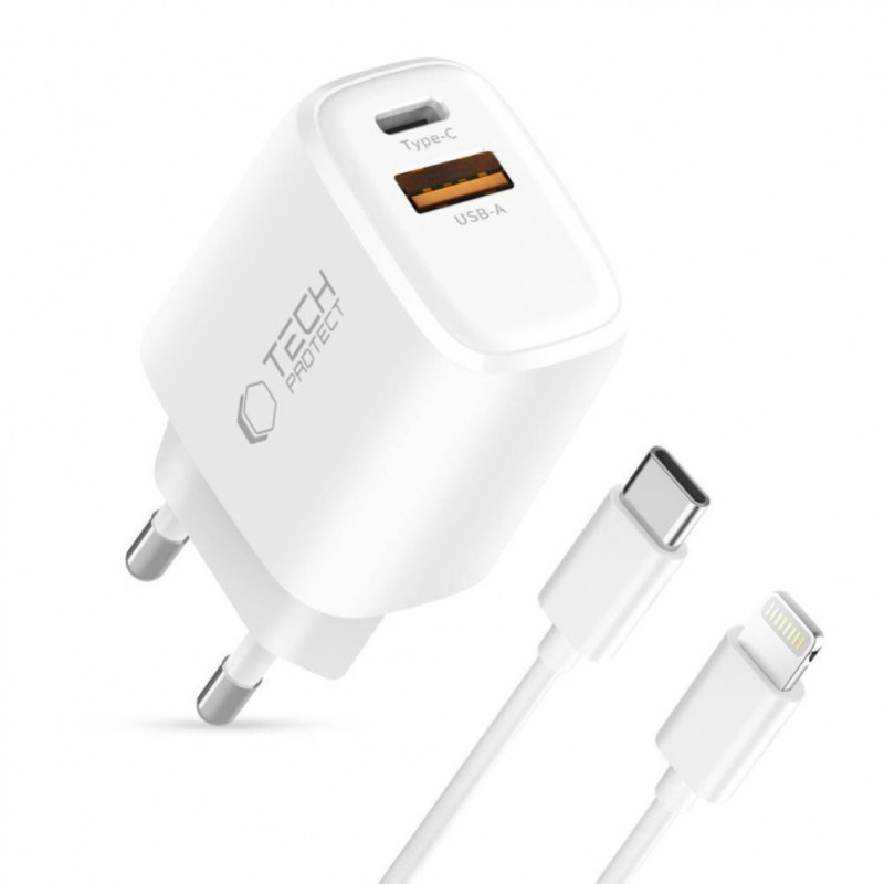 Cargador de pared Tech-Protect NCA20 USB-A / USB-C PD 20W / QC3.0 con cable USB-C / Lightning 100 cm, blanco