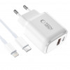 Cargador de pared Tech-Protect NCA20 USB-A / USB-C PD 20W / QC3.0 con cable USB-C / Lightning 100 cm, blanco