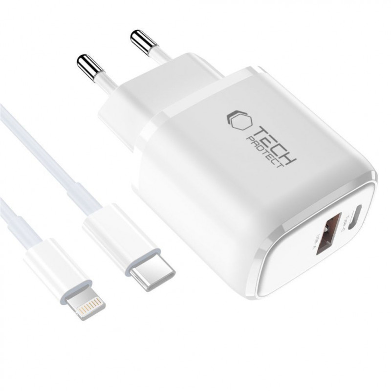 Cargador de pared Tech-Protect NCA20 USB-A / USB-C PD 20W / QC3.0 con cable USB-C / Lightning 100 cm, blanco