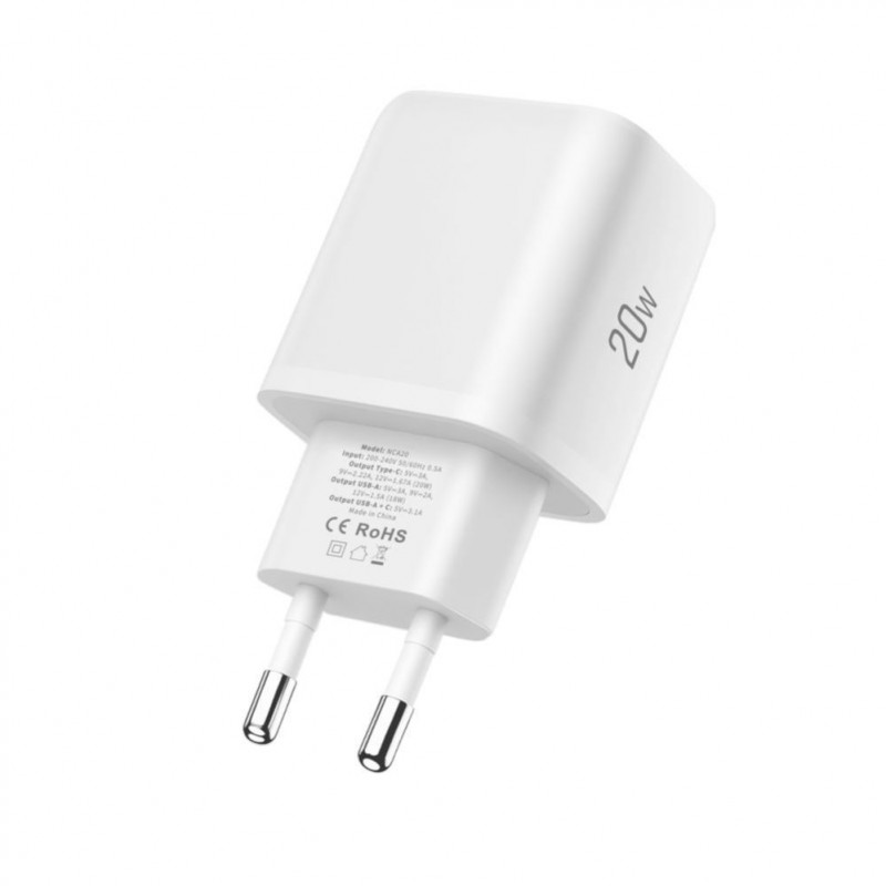 Cargador de pared Tech-Protect NCA20 USB-A / USB-C PD 20W / QC3.0 con cable USB-C / Lightning 100 cm, blanco