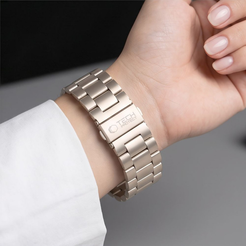 Correa de acero inoxidable Tech-Protect Stainless para Apple Watch 8 / 9 / 10 / 11 / 12 / SE / Ultra (44 / 45 / 46 / 49 mm), Starlight
