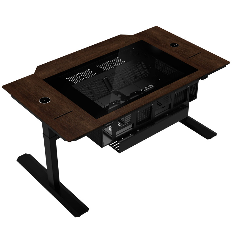 Caja de escritorio Lian Li DK07 Wood Edition, compatible con doble sistema, 2x E-ATX, altura ajustable, nogal / negro