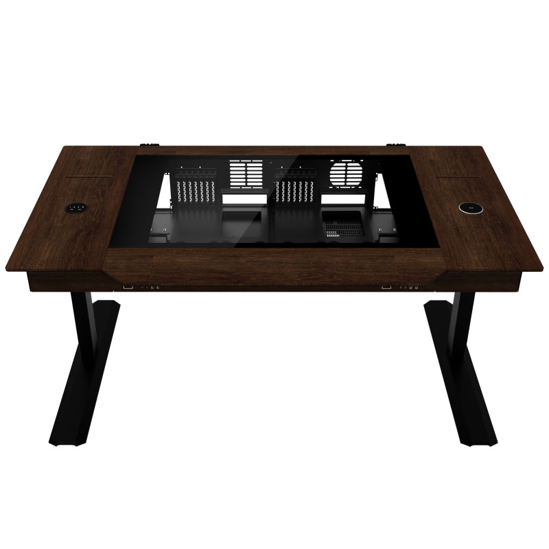 Caja de escritorio Lian Li DK07 Wood Edition, compatible con doble sistema, 2x E-ATX, altura ajustable, nogal / negro