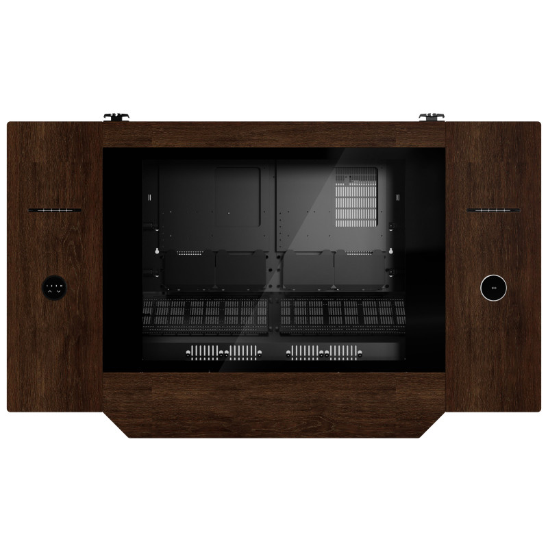 Caja de escritorio Lian Li DK07 Wood Edition, compatible con doble sistema, 2x E-ATX, altura ajustable, nogal / negro