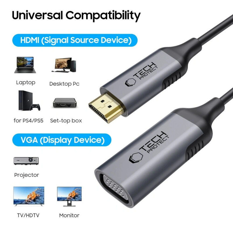 Adaptador Tech-Protect UltraBoost HDMI / VGA, FHD 1920 x 1080, 60Hz, Negro