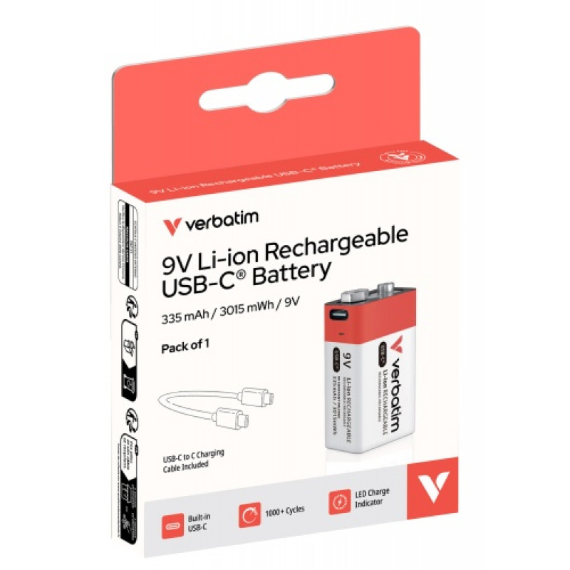 Batería recargable USB-C Li-ion 9V 335 mAh Verbatim 30251 (1 ud.)