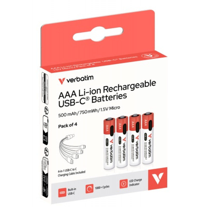 Baterías recargables USB-C Verbatim 30250 Li-ion AAA 500 mAh (4 uds.)