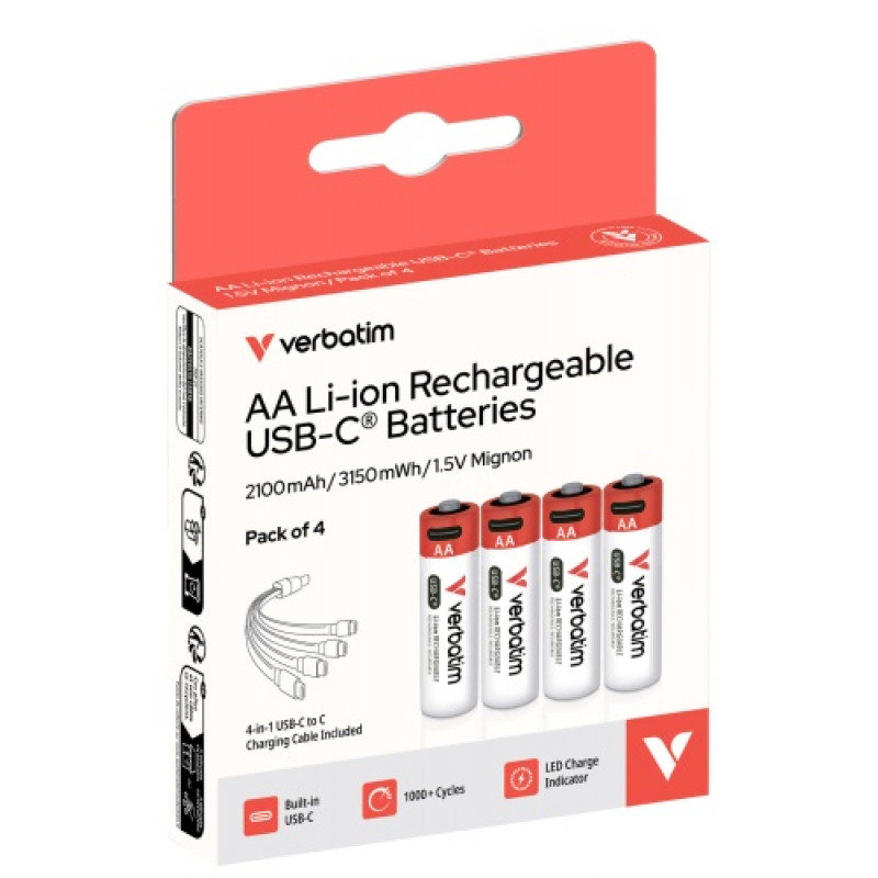 Baterías recargables USB-C Li-ion AA 2100 mAh Verbatim 30249 (4 uds.)