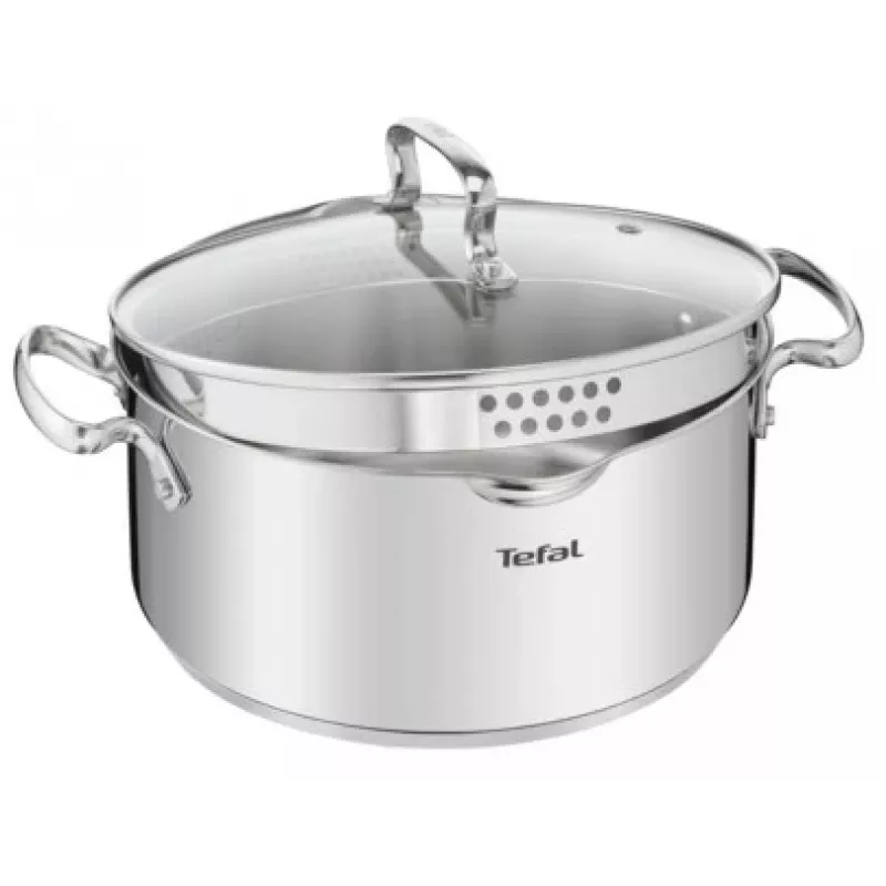 Tefal Duetto+ G7194655 Cazo redondo de acero inoxidable, 24 cm, con tapa de vidrio