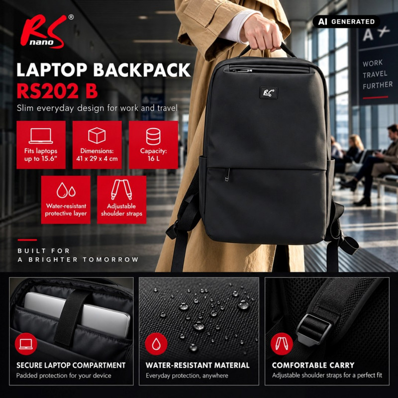 Mochila para portátil NanoRS RS202 B 15.6", negra, 41x29x4, impermeable