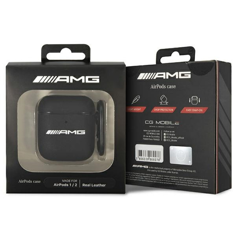 Funda de cuero Big Logo Mercedes-AMG AMA2SLWK para Apple AirPods 1/2, negra