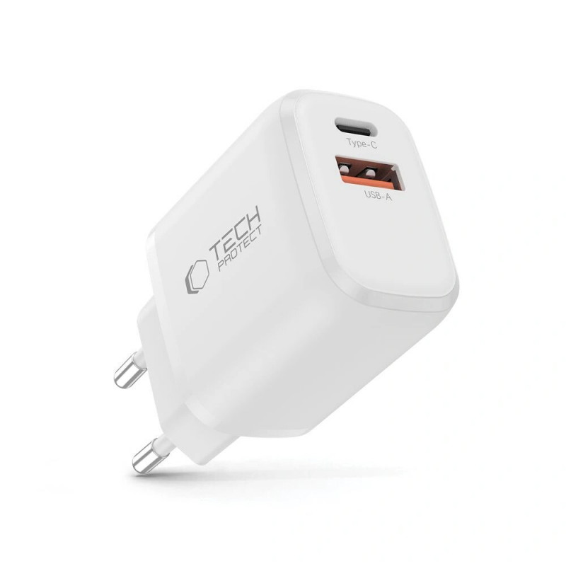 Cargador de pared Tech-Protect NCA30 USB-A, USB-C PD 30W / QC3.0, blanco