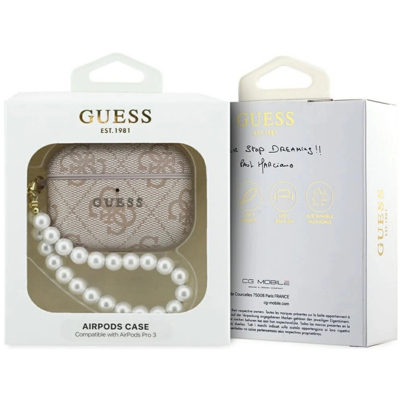 Funda con colgante de perlas Guess 4G Pearl Strap para Apple AirPods Pro 3, rosa