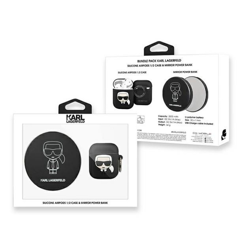 Funda de silicona Ikonik Karl Lagerfeld para AirPods 1/2 con power bank de 2000 mAh, negra