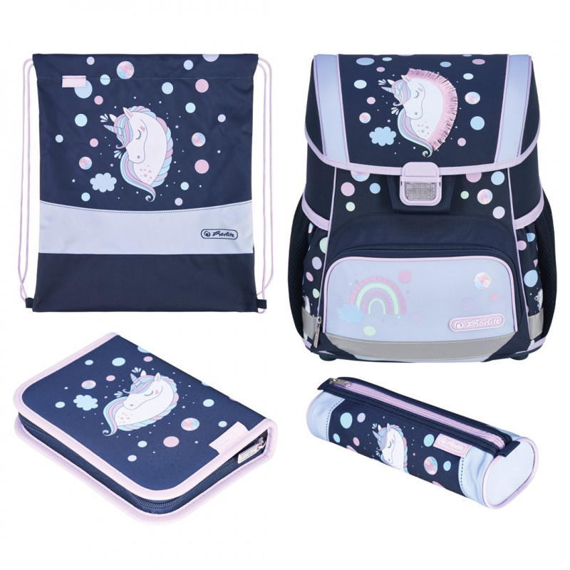 Conjunto de mochila escolar de primaria Herlitz Loop Plus Unicorn Dreams, azul oscuro/rosa