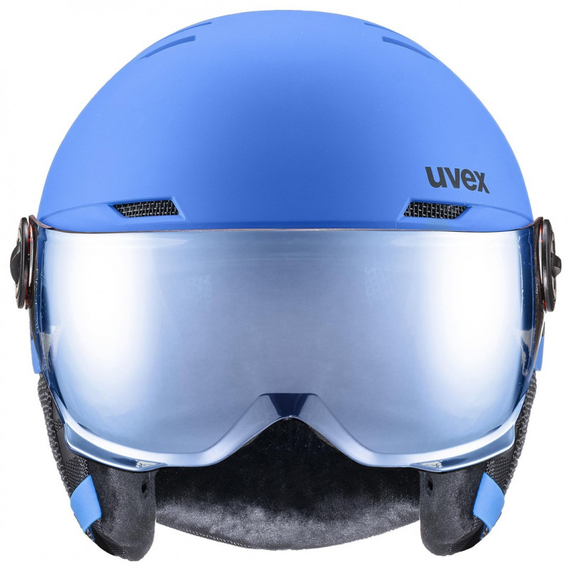 Casco de esquí para niños UVEX Rocket jr. Visor, azul mate