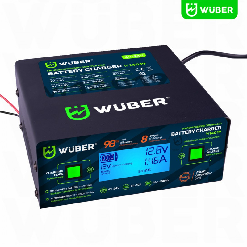 Cargador de batería con microprocesador Wuber W14019, 6/8/12/14/16/24 V, 10 A