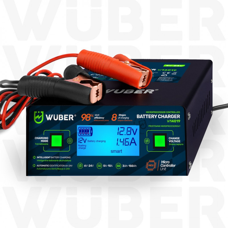 Cargador de batería con microprocesador Wuber W14019, 6/8/12/14/16/24 V, 10 A