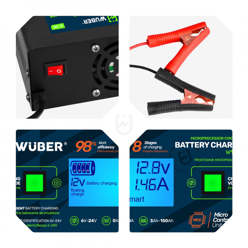 Cargador de batería con microprocesador Wuber W14019, 6/8/12/14/16/24 V, 10 A