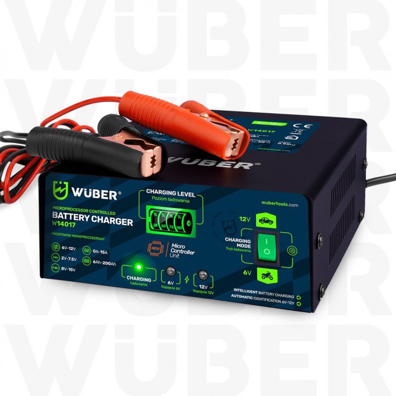 Cargador de batería con microprocesador Wuber W14017, 6-12 V, 15 A