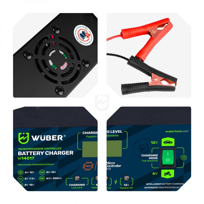 Cargador de batería con microprocesador Wuber W14017, 6-12 V, 15 A