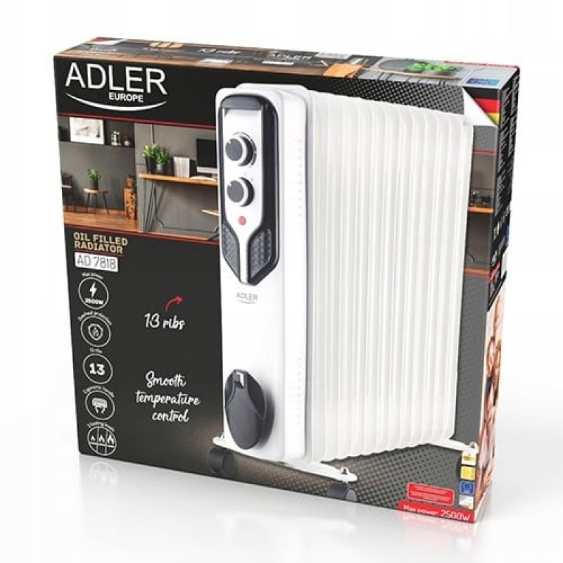 Radiador de aceite Adler AD 7818, 2500 W, 3 niveles de potencia, 13 aletas, blanco