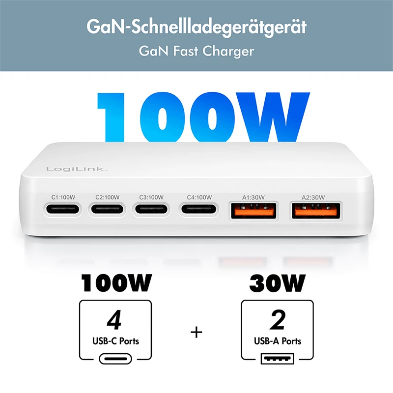Cargador de sobremesa LogiLink PA0418 USB-A/C, 100 W, GaN, 6 puertos, 2x USB-A (QC), 4x USB-C (PD), blanco