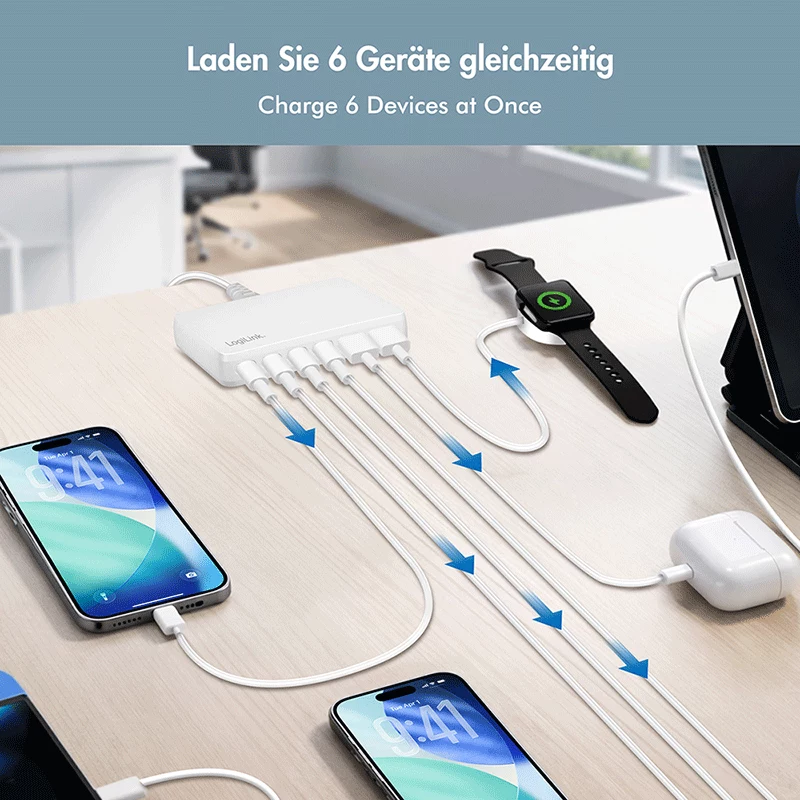 Cargador de sobremesa LogiLink PA0418 USB-A/C, 100 W, GaN, 6 puertos, 2x USB-A (QC), 4x USB-C (PD), blanco