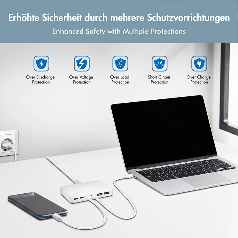 Cargador de sobremesa LogiLink PA0418 USB-A/C, 100 W, GaN, 6 puertos, 2x USB-A (QC), 4x USB-C (PD), blanco