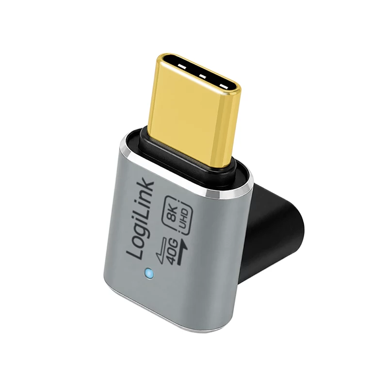 Adaptador USB 4 Type-C LogiLink AU0063 90° U/D, C/M a C/F, 40 Gbps, 240W, 8K/60 Hz, metal, plateado
