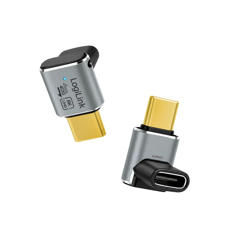 Adaptador USB 4 Type-C LogiLink AU0063 90° U/D, C/M a C/F, 40 Gbps, 240W, 8K/60 Hz, metal, plateado