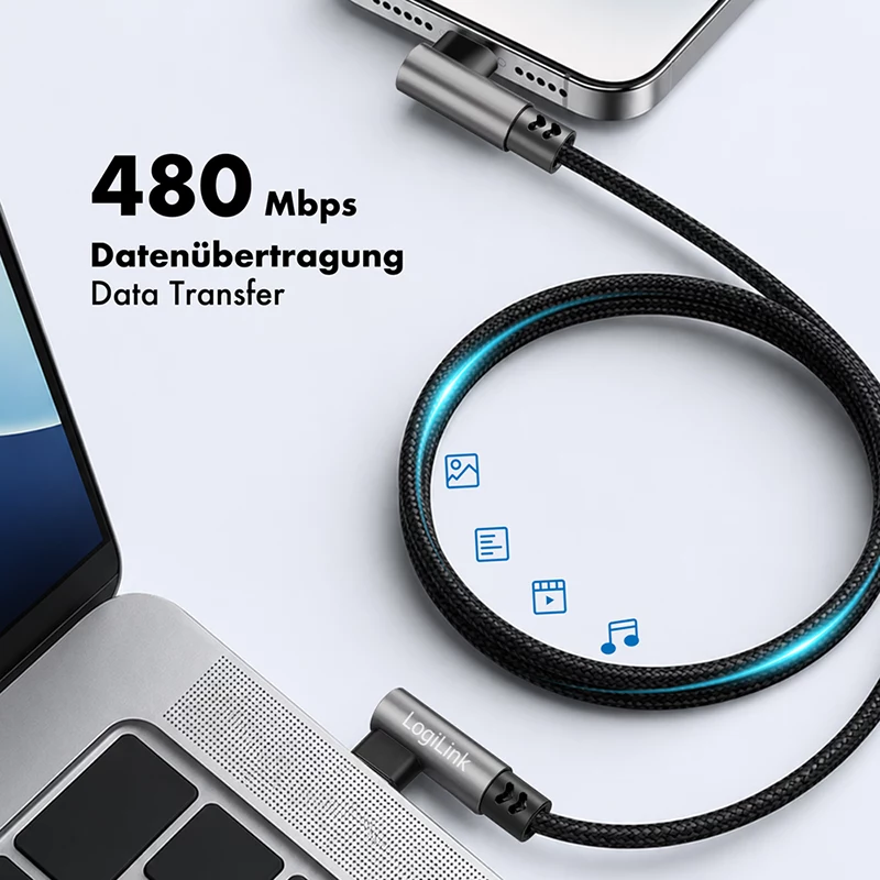 Cable USB 2.0 Type-C LogiLink CU0461, C/M 90° a C/M 90°, 480 Mbps, 100 W, metal, plateado/negro, 1 m