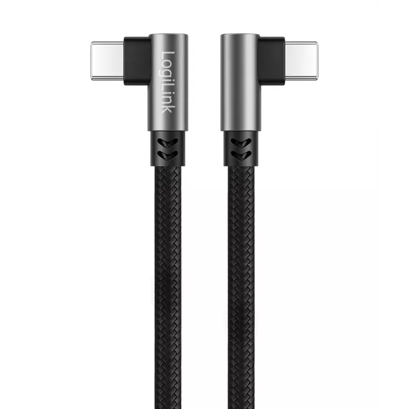 Cable USB 2.0 Type-C LogiLink CU0462, C/M 90° a C/M 90°, 480 Mbps, 100 W, metal, plateado/negro, 2 m