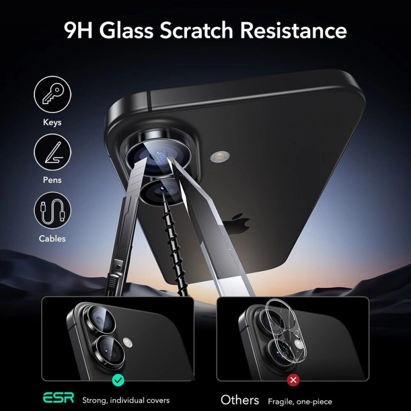 Protector de cámara ESR Armorite para Apple iPhone 16 / 16 Plus / 17, negro