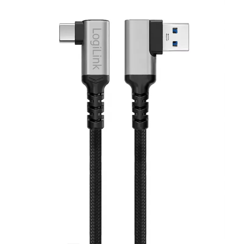 Cable USB 3.2 Gen1 Type-C LogiLink CU0472, A/M 90° a C/M 90°, 5 Gbps, 60W, metal, plateado/negro, 1,5 m