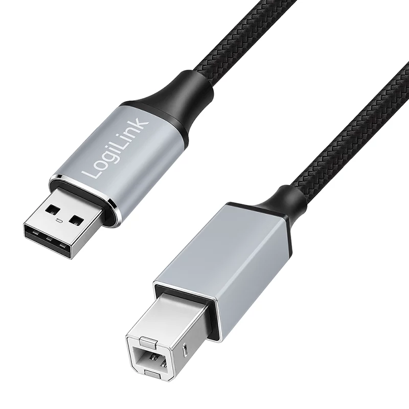 Cable USB 2.0 Logilink CU0107, USB-A/M a USB-B/M, 480 Mbps, nailon, metal, negro/plateado, 2 m