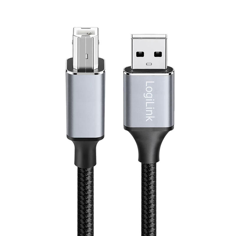 Cable USB 2.0 Logilink CU0107, USB-A/M a USB-B/M, 480 Mbps, nailon, metal, negro/plateado, 2 m