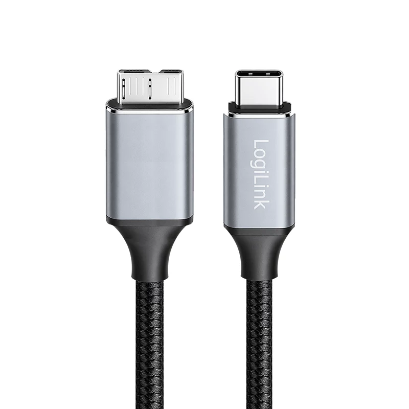 Cable USB 3.2 Gen1 Type-C Logilink CU0198, C/M a Micro-USB/M, 5 Gbps, nailon, metal, negro/plateado, 1 m