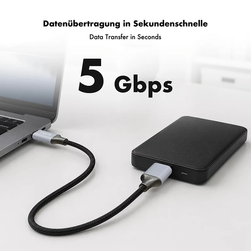 Cable USB 3.2 Gen1 Type-C Logilink CU0199, C/M a Micro-USB/M, 5 Gbps, nailon, metal, negro/plateado, 2 m