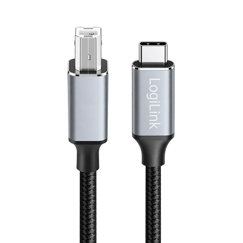 Cable USB 2.0 Type-C Logilink CU0515, C/M a B/M, 480 Mbps, nailon, metal, negro/plateado, 2 m