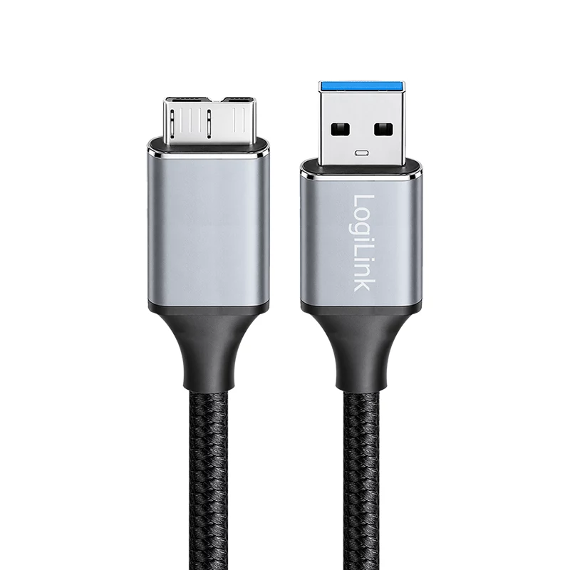 Cable USB 3.0 Logilink CU0290, A/M a Micro-USB/M, 5 Gbps, nailon, metal, negro/plateado, 1 m