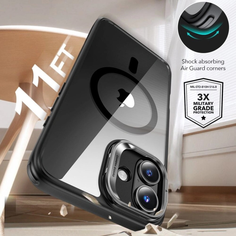 Funda ESR Classic Hybrid Kickstand HaloLock MagSafe con cristal templado para Apple iPhone 16 Plus, transparente/negra
