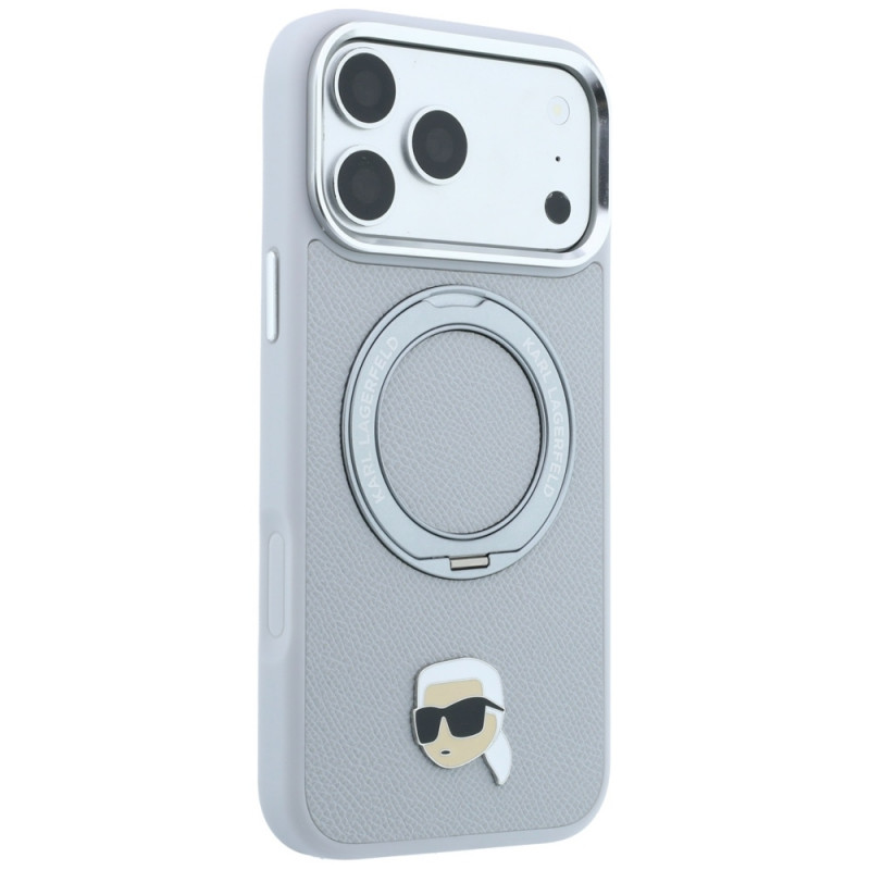 Funda Karl Lagerfeld with Ring Stand 360 Karl Head Pin MagSafe para Apple iPhone 18 Pro Max / 17 Pro Max, gris (KF003236)