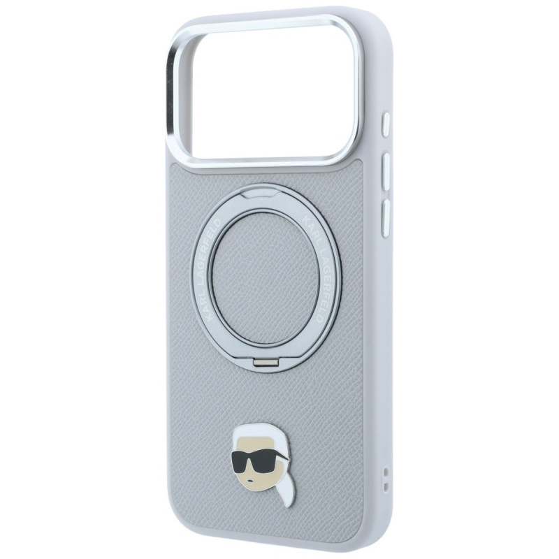 Funda Karl Lagerfeld with Ring Stand 360 Karl Head Pin MagSafe para Apple iPhone 18 Pro Max / 17 Pro Max, gris (KF003236)