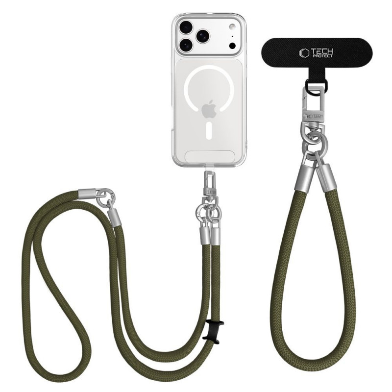 Tech-Protect C10S Rope Crossbody & Wrist set de correa bandolera y de muñeca para móvil, verde oliva/titanio