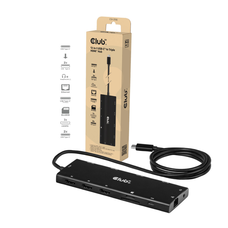 Club 3D CSV-2556 hub USB-C 12 en 1, 3x HDMI/3x USB-C/USB/LAN, 8K30Hz, PD 140W
