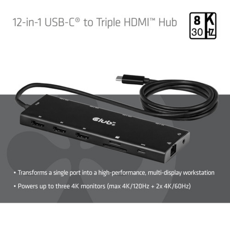 Club 3D CSV-2556 hub USB-C 12 en 1, 3x HDMI/3x USB-C/USB/LAN, 8K30Hz, PD 140W
