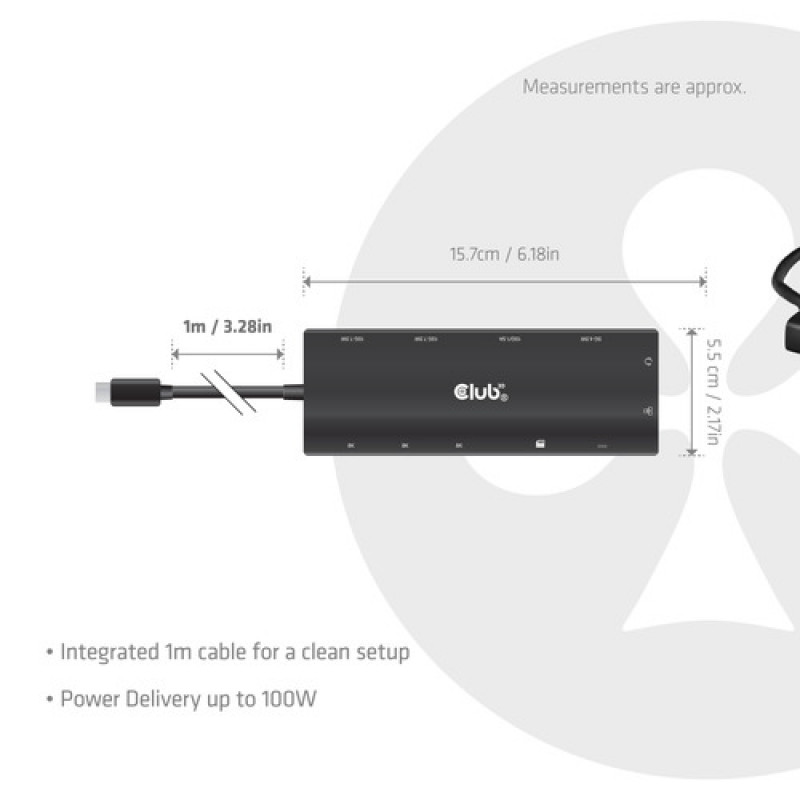 Club 3D CSV-2556 hub USB-C 12 en 1, 3x HDMI/3x USB-C/USB/LAN, 8K30Hz, PD 140W