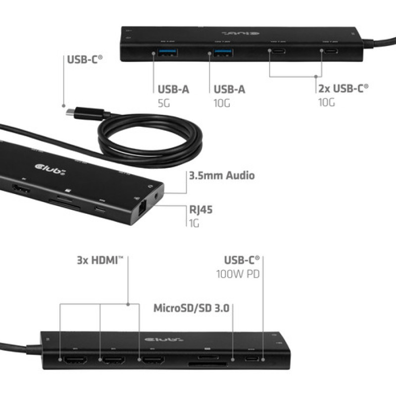Club 3D CSV-2556 hub USB-C 12 en 1, 3x HDMI/3x USB-C/USB/LAN, 8K30Hz, PD 140W